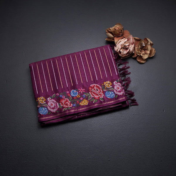 Raw Silk Magenta Purple Zari Stripes Saree And Thread Border 02