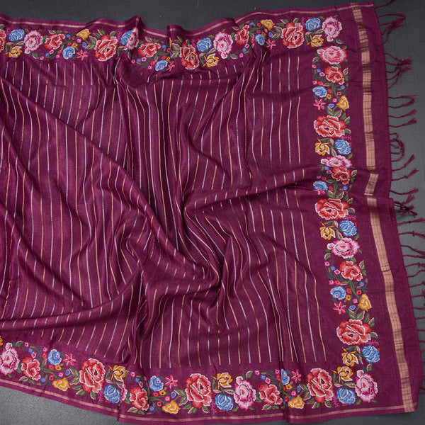 Raw Silk Magenta Purple Zari Stripes Saree And Thread Border 02