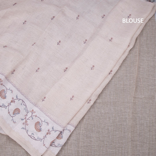 Linen Cream Floral Printed Saree 02