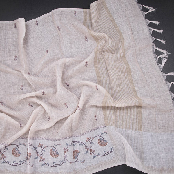 Linen Cream Floral Printed Saree 02