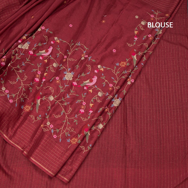 Raw Silk Maroon Floral Thread Work Saree