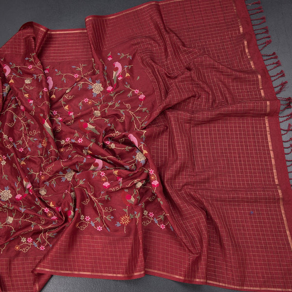 Raw Silk Maroon Floral Thread Work Saree