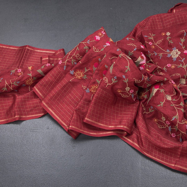 Raw Silk Maroon Floral Thread Work Saree
