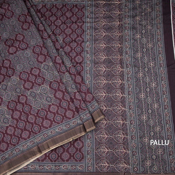 Raw Silk Maroon Printed Saree 02