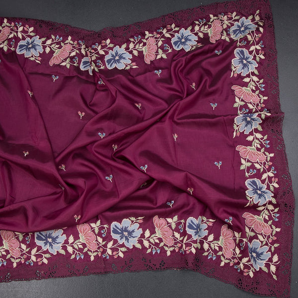 Raw Silk Wine Colour Saree With Thread Buttas And Cut Work Border