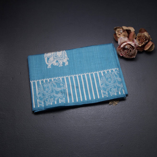 Semi Raw Silk Blue Elephant Printed Saree And Stripes Border
