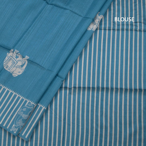 Semi Raw Silk Blue Elephant Printed Saree And Stripes Border