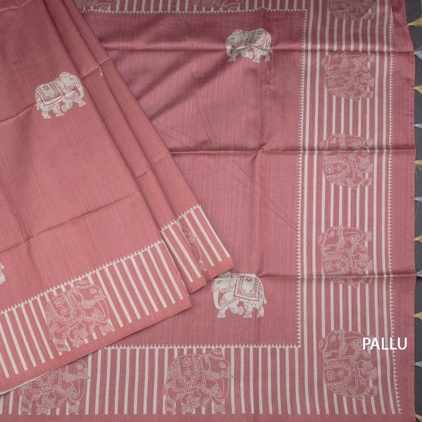 Semi Raw Silk Onion Pink Elephant Printed Saree And Stripes Border