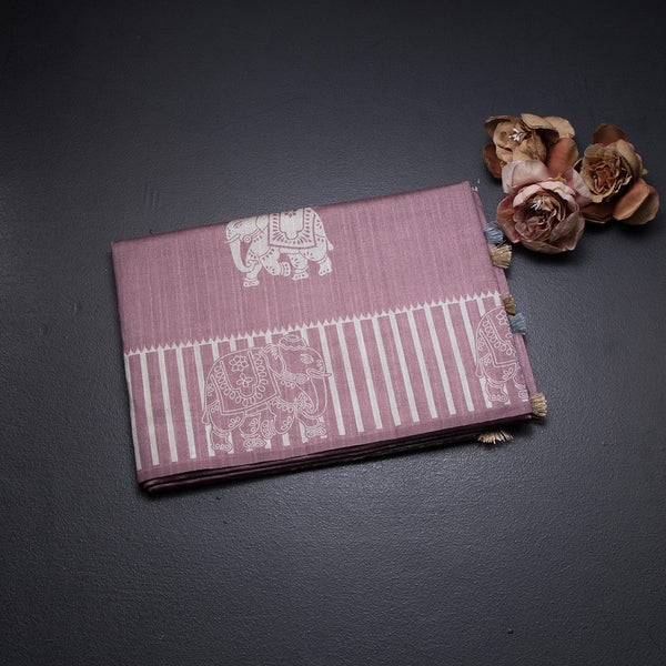 Semi Raw Silk Onion Pink Elephant Printed Saree And Stripes Border 02