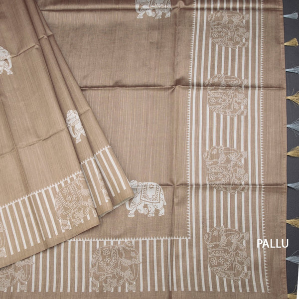 Semi Raw Silk Golden Brown Elephant Printed Saree And Stripes Border