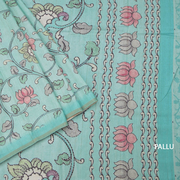Semi Raw Silk Mint Green Printed Saree With Floral Creeper Design 02