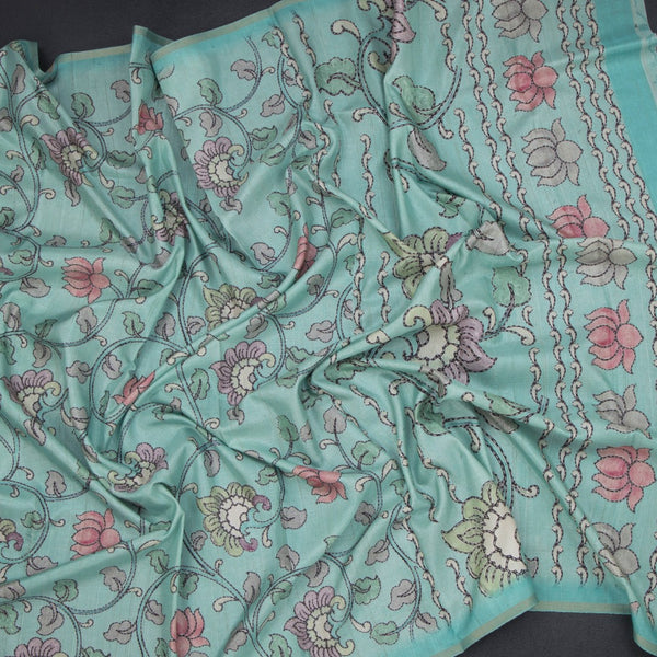 Semi Raw Silk Mint Green Printed Saree With Floral Creeper Design 02