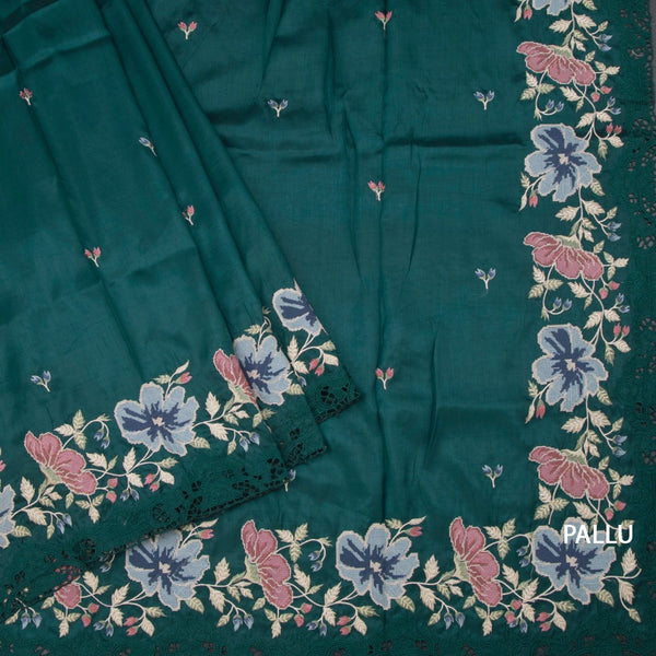 Raw Silk Peacock Green Saree With Thread Buttas And Cut Work Border