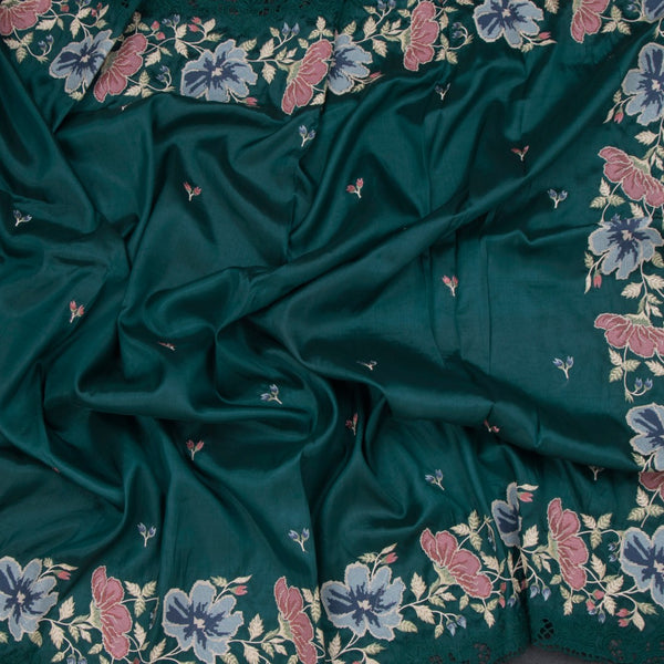 Raw Silk Peacock Green Saree With Thread Buttas And Cut Work Border
