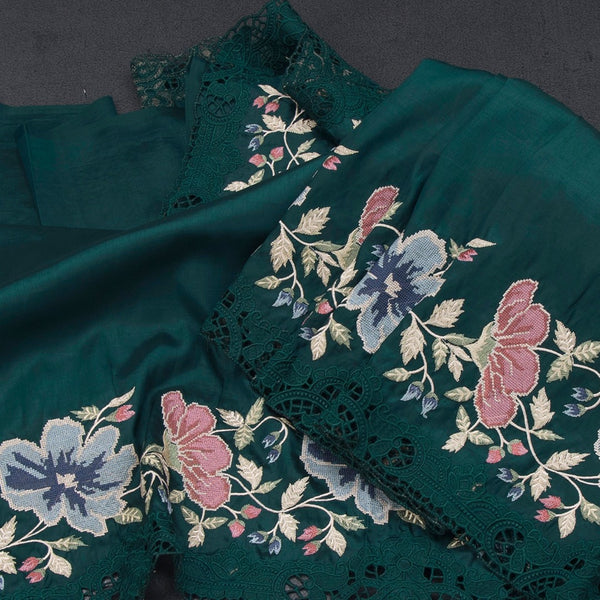 Raw Silk Peacock Green Saree With Thread Buttas And Cut Work Border