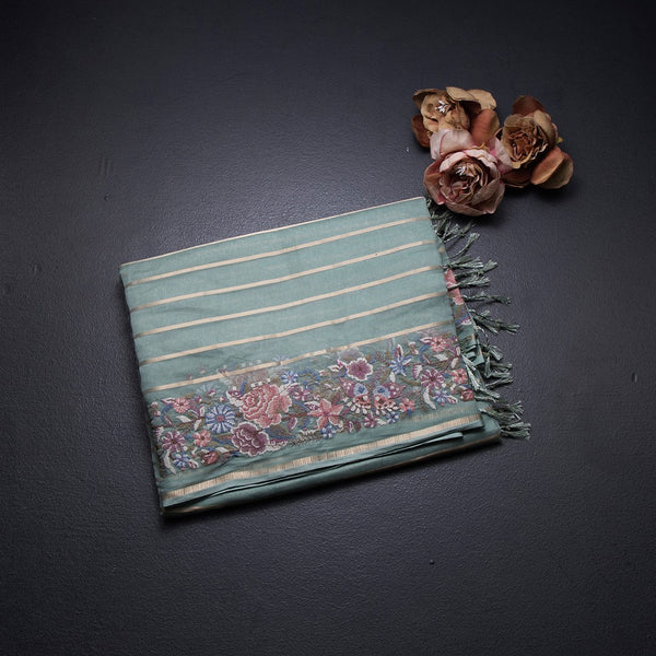 Organza Pista Green Zari Stripes Saree With Thread Border