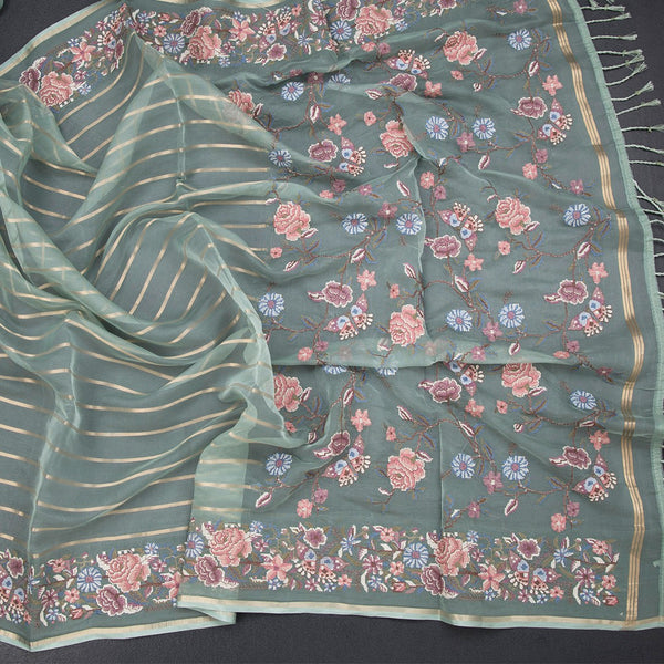 Organza Pista Green Zari Stripes Saree With Thread Border