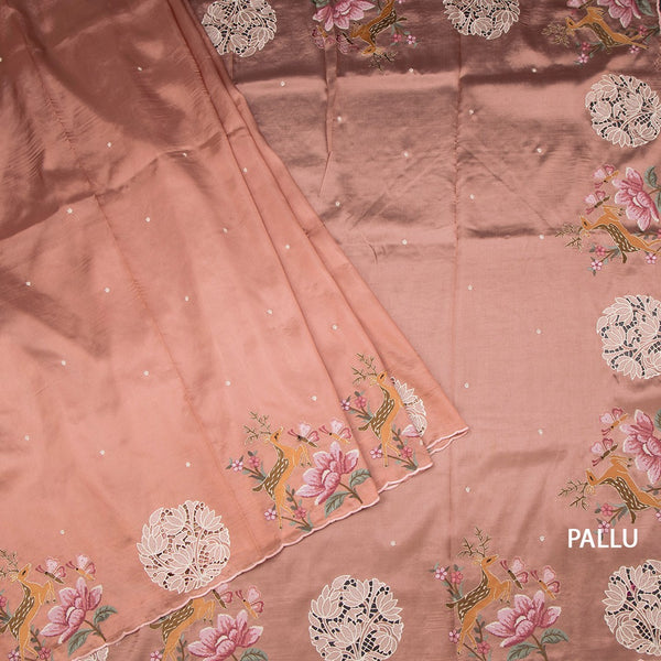 Raw Silk Peach Saree With Thread Buttas And Cut Work Border