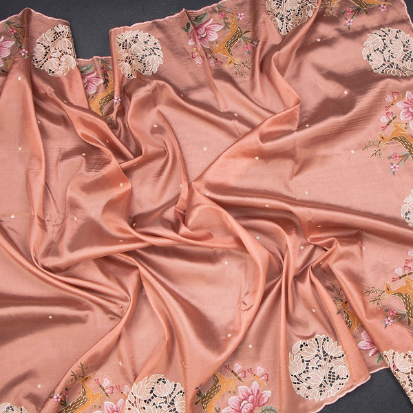Raw Silk Peach Saree With Thread Buttas And Cut Work Border