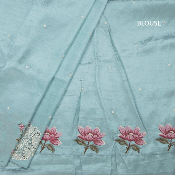 Raw Silk Sky Blue Saree With Thread Buttas And Cut Work Border