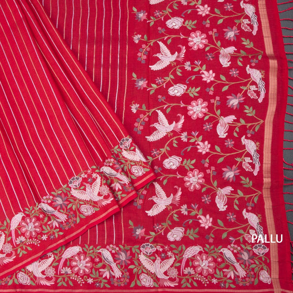 Raw Silk Red Zari Stripes Saree And Thread Border