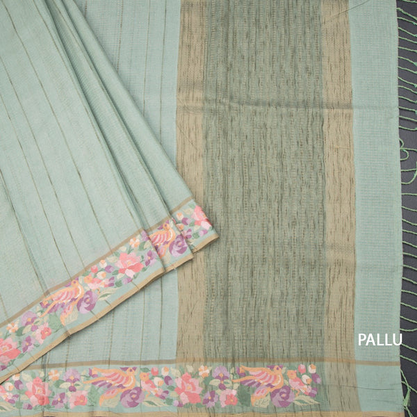 Raw Silk Pista Green Zari Stripes Saree And Thread Border