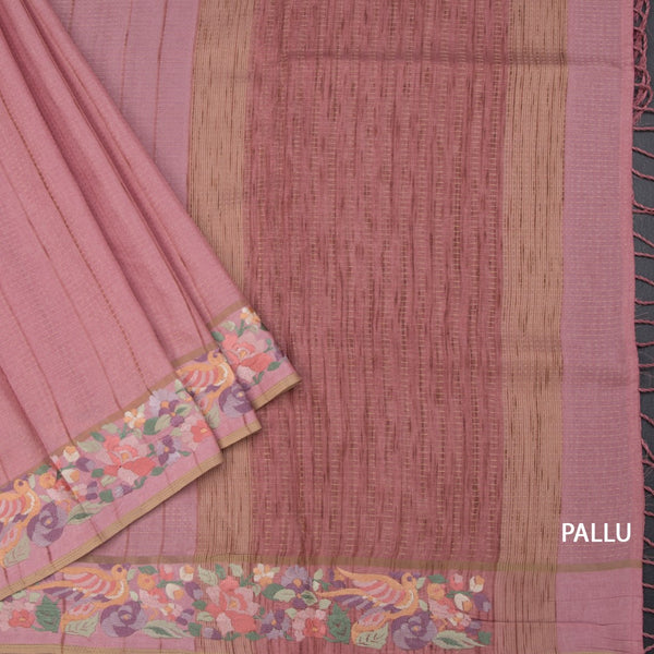 Raw Silk Onion Pink Zari Stripes Saree And Thread Border