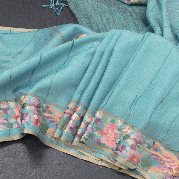 Raw Silk Powder Blue Zari Stripes Saree And Thread Border