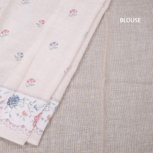 Linen Cream Floral Printed Saree 03
