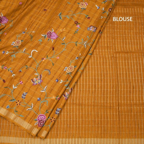 Raw Silk Mustard Yellow Zari Checked With Thread Work Saree