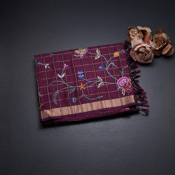Raw Silk Wine Colour Zari Checked With Thread Work Saree