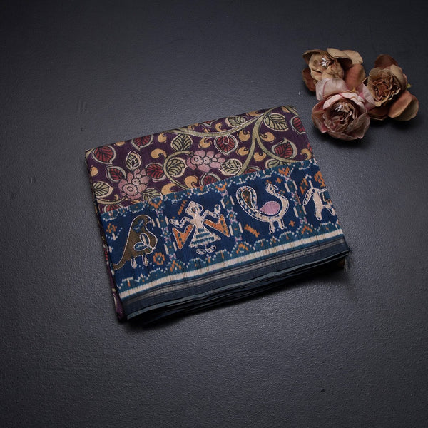 Raw Silk Purple Kalamkari Printed Saree