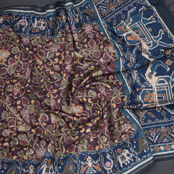 Raw Silk Purple Kalamkari Printed Saree