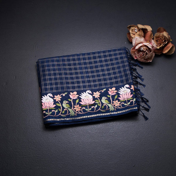 Raw Silk Navy Blue Zari Checked Saree And Thread Border