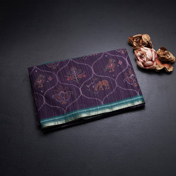 Semi Raw Silk Dark Purple Printed Saree 02