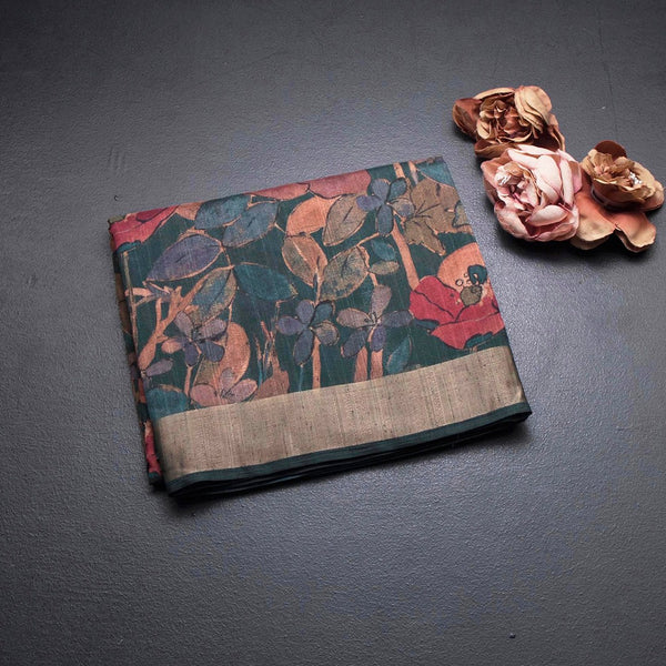 Tussar Dark Green Floral Printed Saree 02