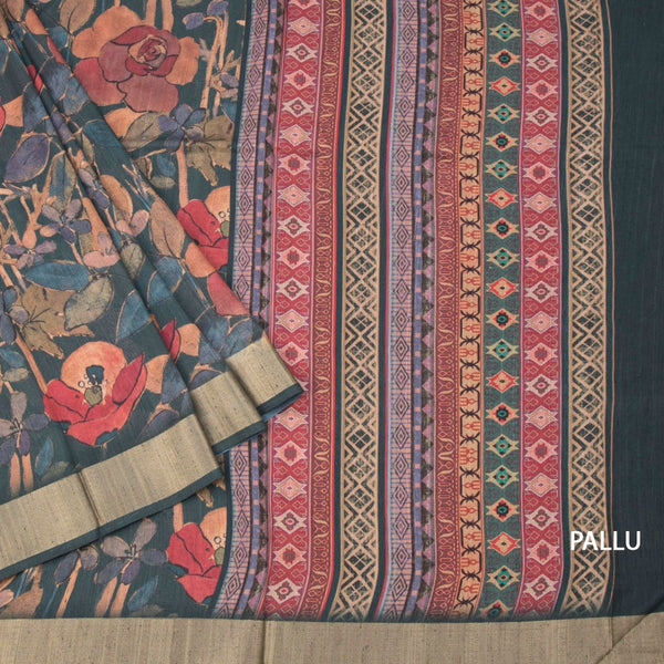 Tussar Dark Green Floral Printed Saree 02
