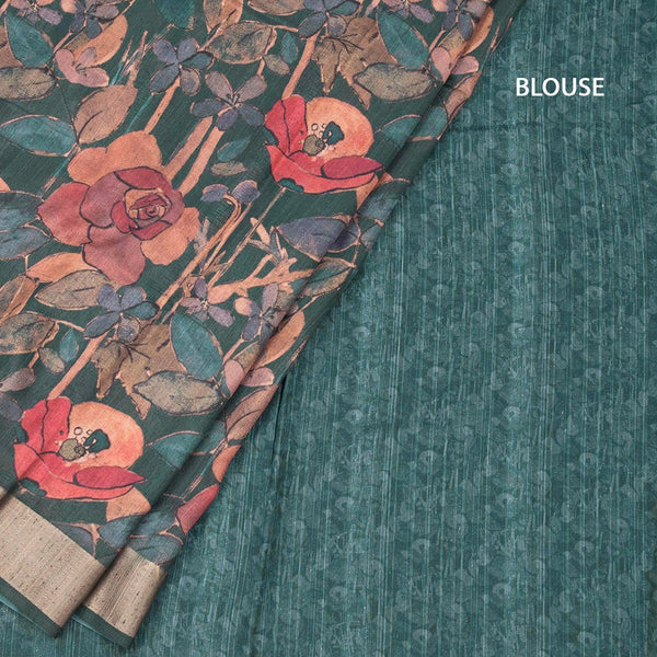 Tussar Dark Green Floral Printed Saree 02