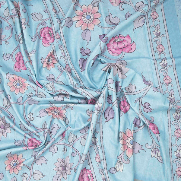 Semi Raw Silk Sky Blue Printed Saree With Floral Creeper Design