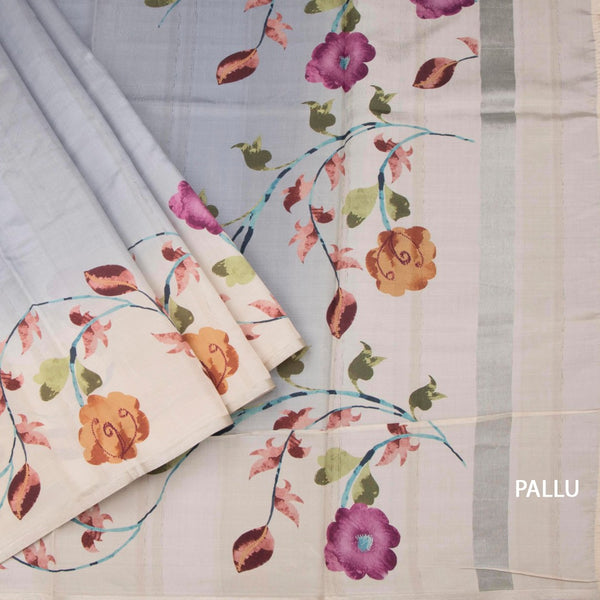Semi Raw Silk Grey Plain Saree With Floral Creeper Design