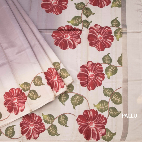 Semi Raw Silk Light Brown Plain Saree With Floral Creeper Design