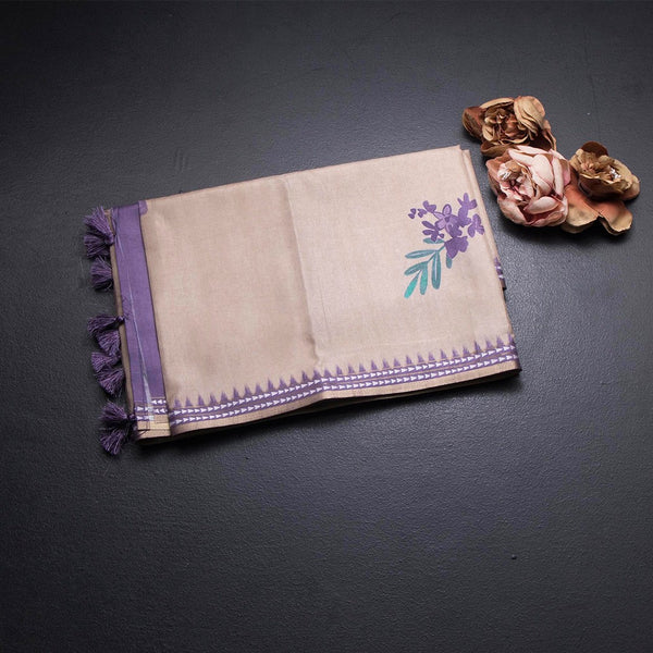 Raw Silk Cream Floral Printed Saree 02