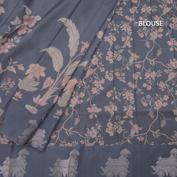 Satin Silk Grey Floral Printed Saree