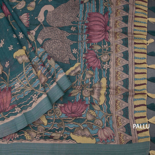 Semi Linen Teal Blue Printed Saree