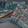Semi Linen Teal Blue Printed Saree