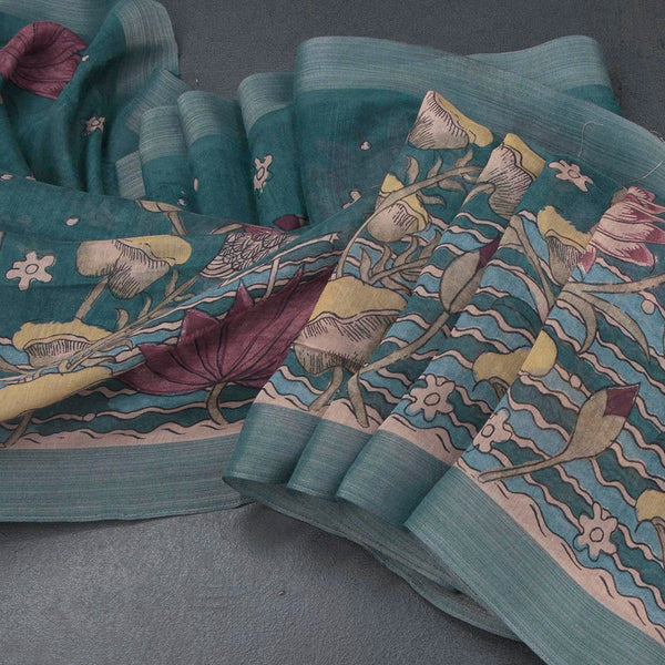 Semi Linen Teal Blue Printed Saree