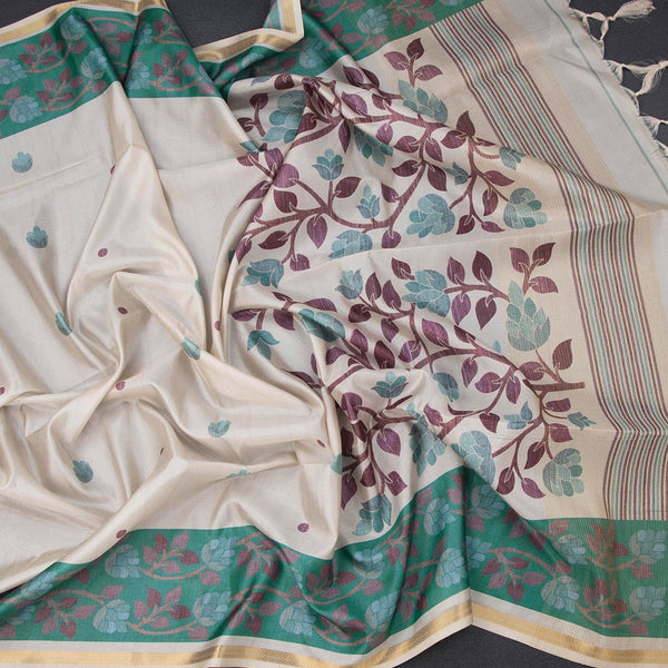 Semi Raw Silk Cream Printed Saree 12
