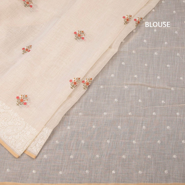Linen Cream Floral Thread Work Saree 04