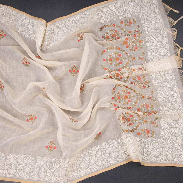 Linen Cream Floral Thread Work Saree 04