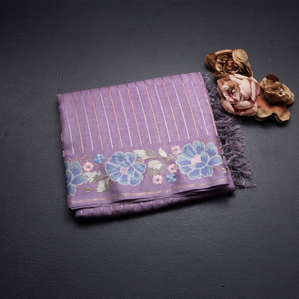 Raw Silk Lavender Zari Stripes Saree And Thread Border